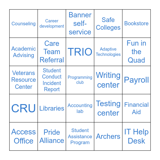 Campus resources Bingo Card