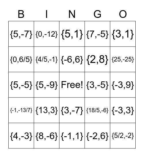 Absolute Value Bingo Card