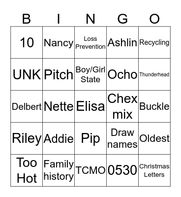 Stritt Christmas 2012 Bingo Card