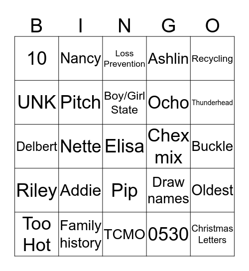 Stritt Christmas 2012 Bingo Card