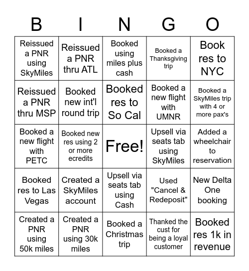 Skymiles Bingo Card