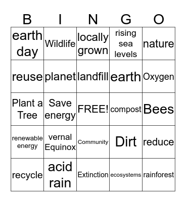 Earth Day Bingo Card