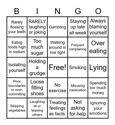 Unhealthy and Dangerous Choices Bingo Card