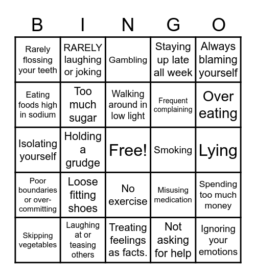 Unhealthy and Dangerous Choices Bingo Card