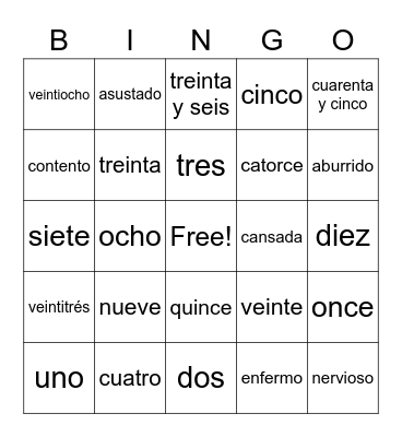 Numbers 1-50 and Adjectives Bingo Card
