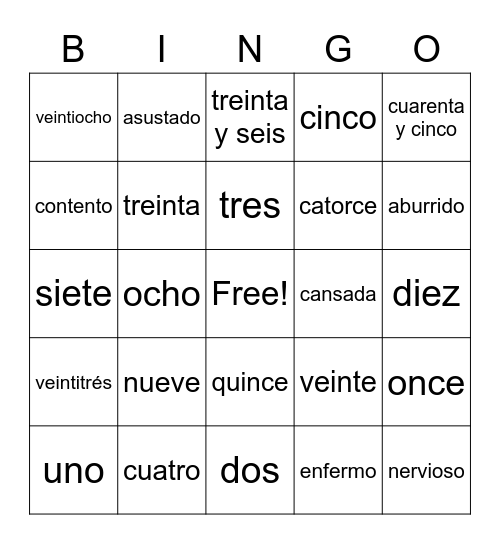 Numbers 1-50 and Adjectives Bingo Card