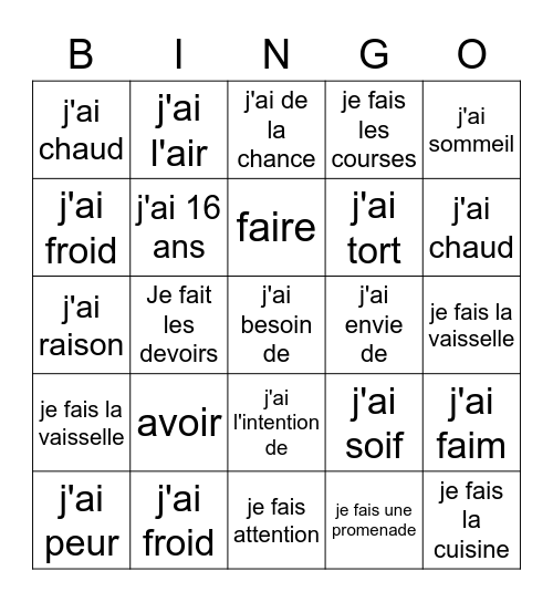 Avoir/Faire Expressions Bingo Card