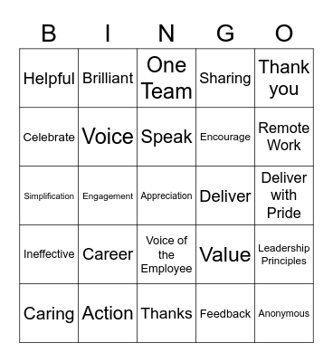 VOE - Employee Appreciation Bingo Card