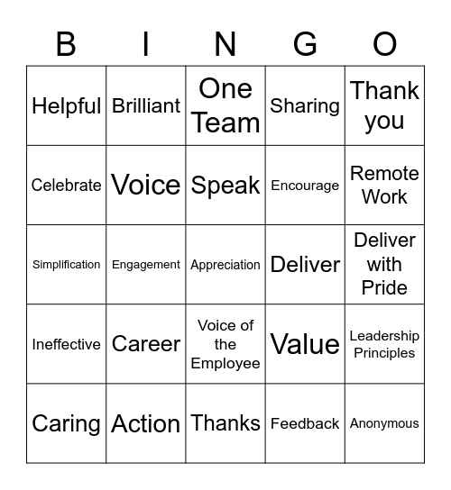 VOE - Employee Appreciation Bingo Card