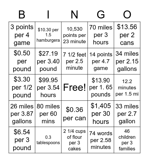 Unit Rate Bingo Card