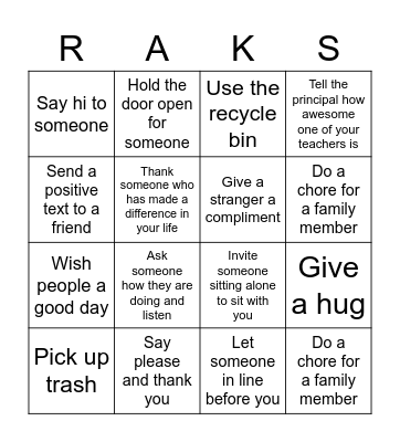 Random Acts of Kindness BINGO Card