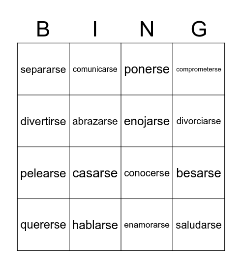 Verbos reciprocos Bingo Card