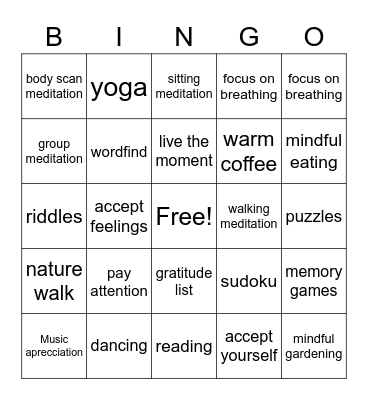 Mindfulness Bingo Card