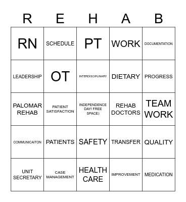 REHAB BINGO Card