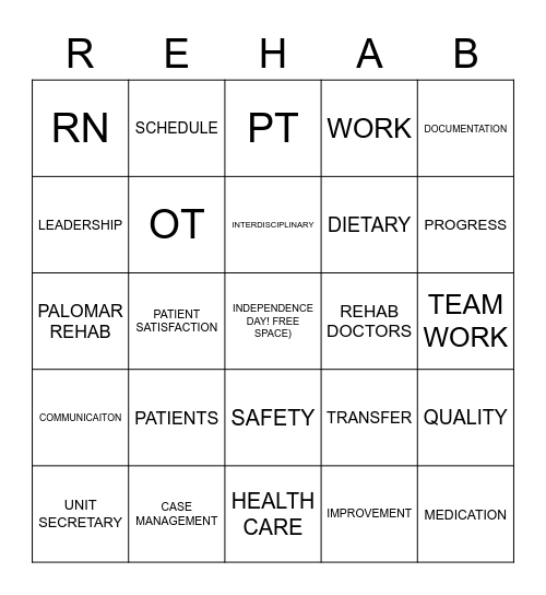 REHAB BINGO Card