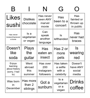 Get to know us! Bingo Card