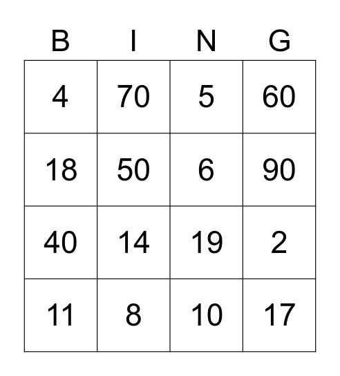 Number Bingo Card