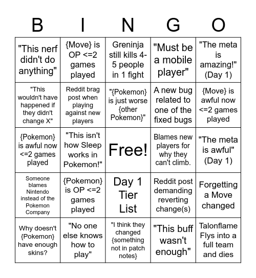 Pokemon Unite Patch Bingo Card