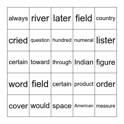 Sight Word Bingo Card