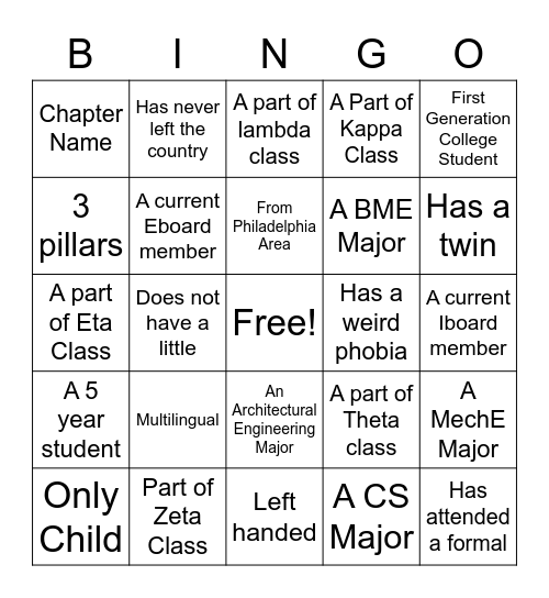 Theta Tau Bingo Card