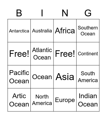 Continents and Oceans Bingo Card