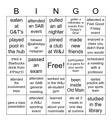 SAB Back to School Bingo Card