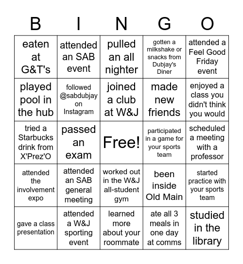 SAB Back to School Bingo Card