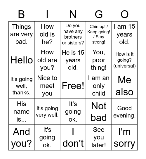 Getting to know you (basics) Bingo Card