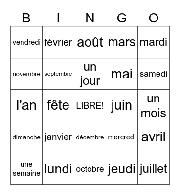 le calendrier Bingo Card