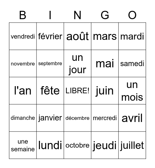 le calendrier Bingo Card