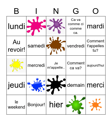 French Greetings, Colours, Days of the Week Bingo Card