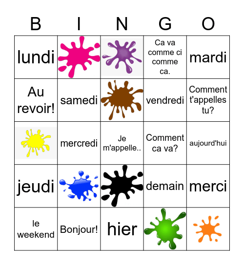 French Greetings, Colours, Days of the Week Bingo Card