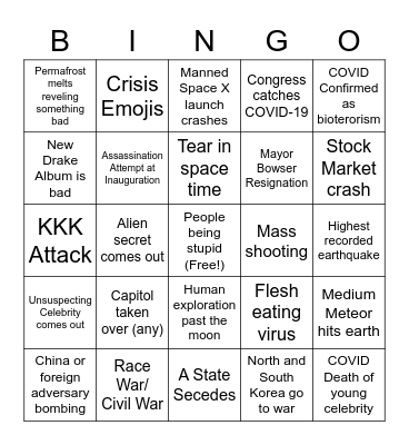 2021 Apocalypse Bingo Card