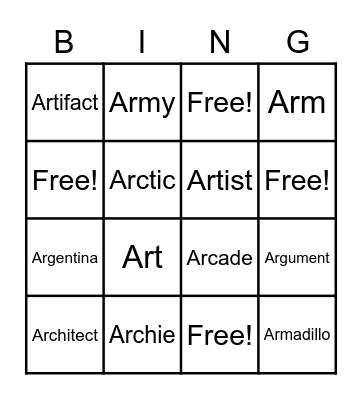 Initial /ar/ Words Bingo Card