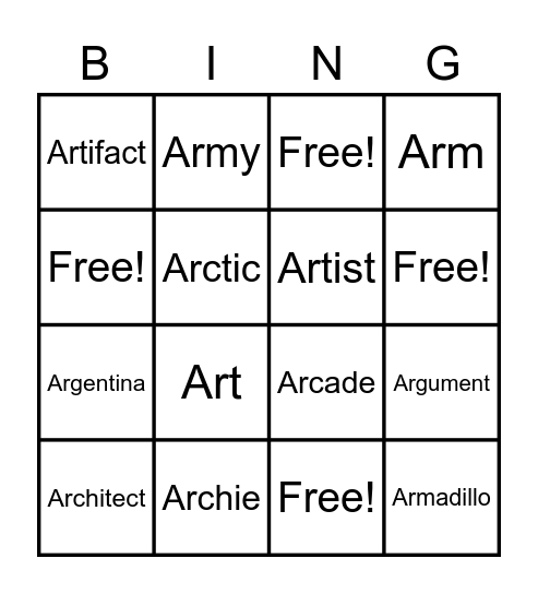 Initial /ar/ Words Bingo Card