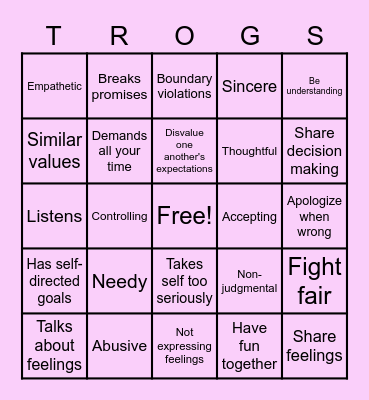 Healthy Relationships Bingo Card