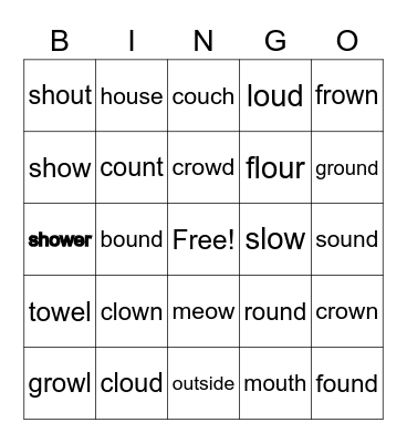 ou and ow words Bingo Card