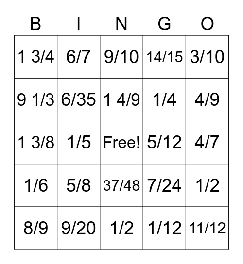 Fraction practice Bingo Card