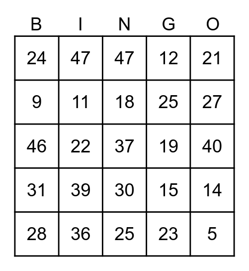 Numbers Bingo 1-50 Bingo Card