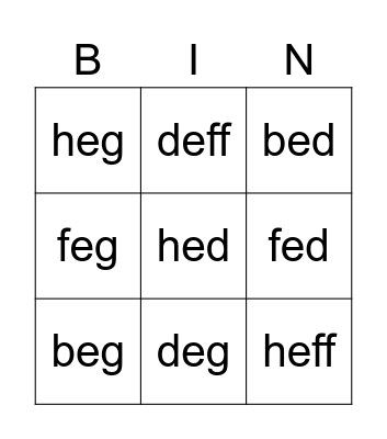 phonics vowel e Bingo Card