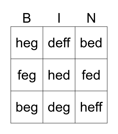 phonics vowel e Bingo Card