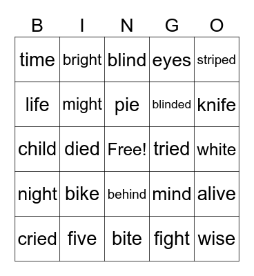 Long i Vowel Sound Bingo Card