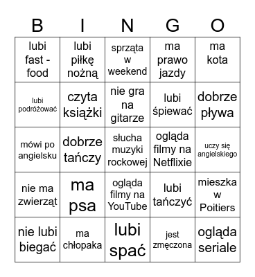 Znajdź osobę, która... Bingo Card