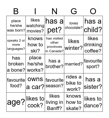 Ask a question bingo Card