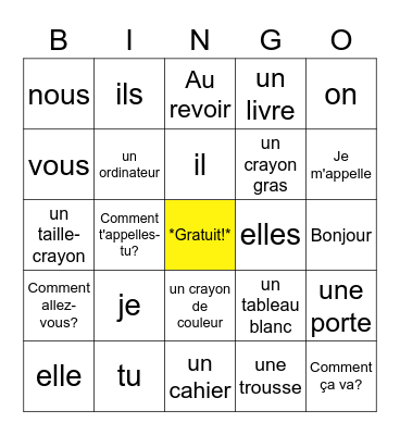 Les Pronoms Sujets + Les Objets Bingo Card