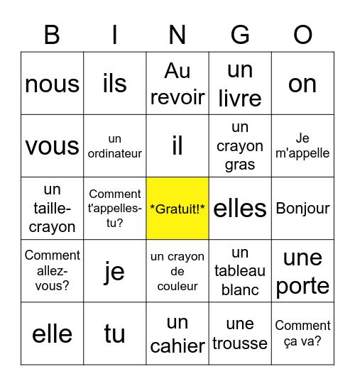 Les Pronoms Sujets + Les Objets Bingo Card