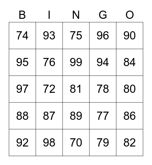 Les nombres 70 à 100 Bingo Card