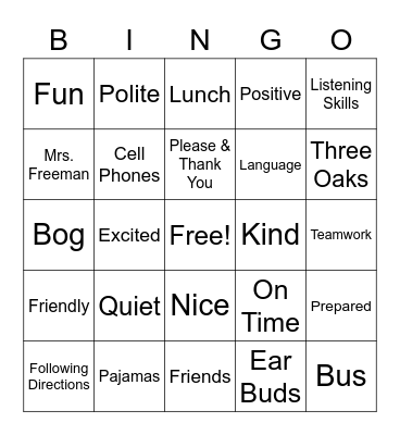 Field Trip Bingo Card