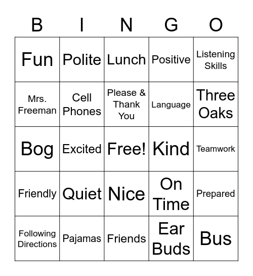 Field Trip Bingo Card