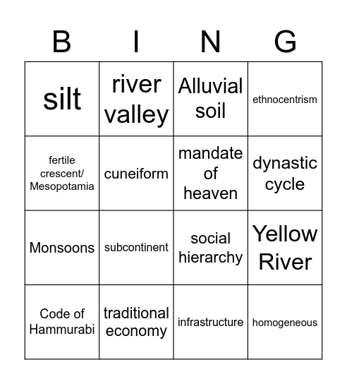 River Valley Vocabulary Bingo Card